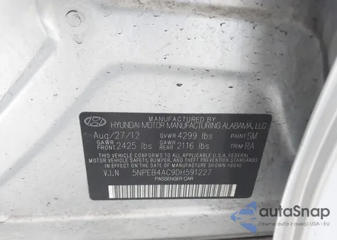2013 Hyundai Sonata Gls z USA, uszkodzony, nr VIN 5NPEB4AC9DH591227